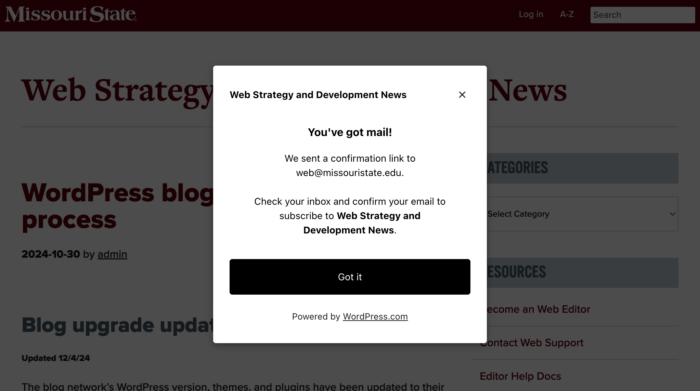 Screenshot of confirmation message that you're subscribing to a Missouri State blog.